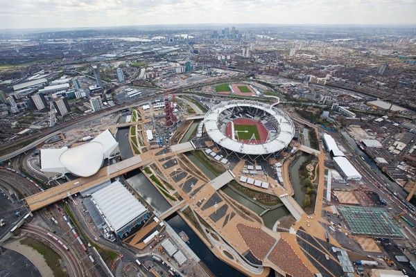 Aerial view of the Olympic Park looking south west towards London.
