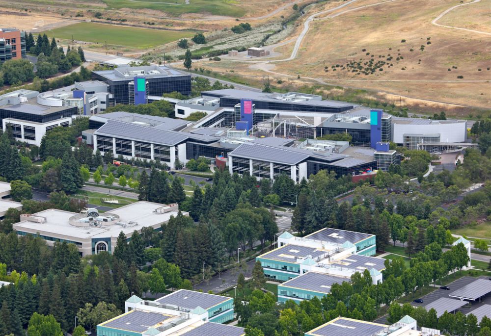 The Googleplex: Google headquarters at Silicon Valley, covered in solar panels.